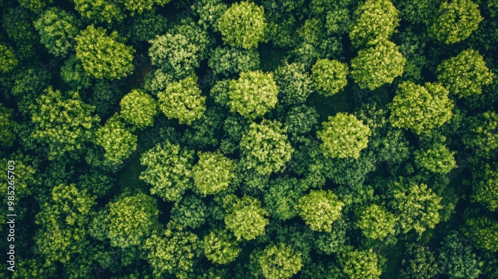 Naklejka premium Aerial view of a lush green forest filled with dense trees.