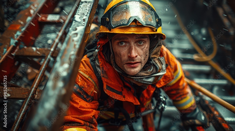 A highly realistic image of a person engaged in Firefighters – Training to climb high ladders in mock buildings The scene is well-lit, with natural light highlighting the details. The background 