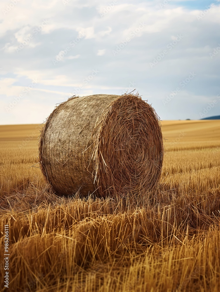 Round hay bale stands in a freshly cut green field. Crop residue surrounds the bale. Agricultural landscape with rural scenery. Field of wheat and grass. Organic farming. Harvest season. Round hay bale stands in a freshly cut green field. Crop residue surrounds the bale. Agricultural landscape with rural scenery. Field of wheat and grass. Organic farming. Harvest season.