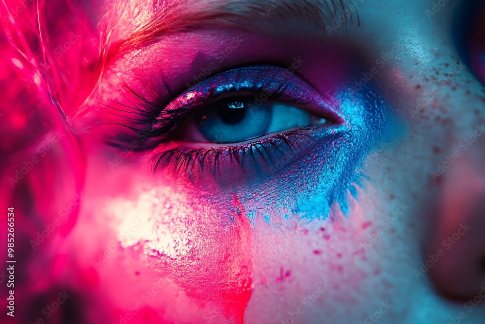 Close up colorful neon eye with blue iris, pink and blue makeup. Abstract beauty, fantasy, fashion, art concept Close up colorful neon eye with blue iris, pink and blue makeup. Abstract beauty, fantasy, fashion, art concept