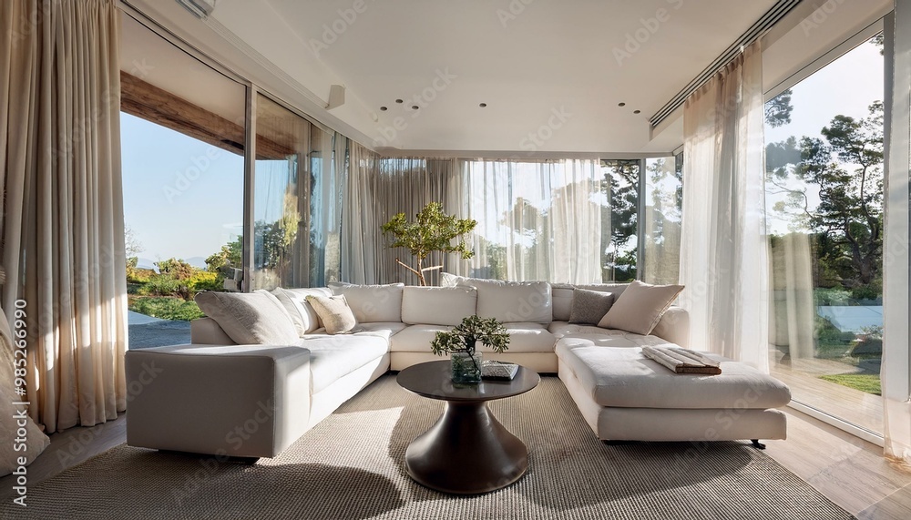 Fototapeta premium A contemporary villa living room with a sleek, monochromatic design, featuring a modular whi