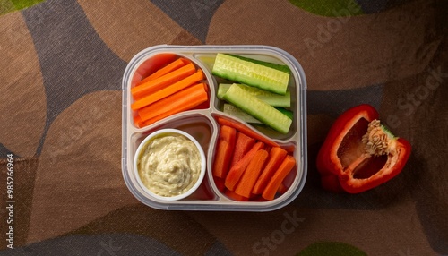  A container filled with a variety of cut vegetables, such as carrots, bell peppers, or cucum photo