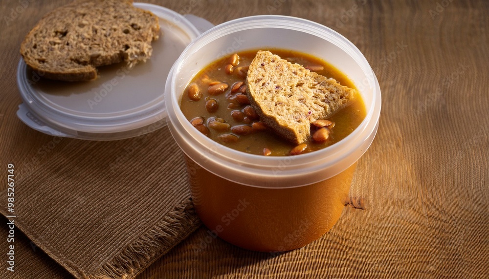 A meal prep container filled with a hearty soup, such as lentil or vegetable soup, with a si A meal prep container filled with a hearty soup, such as lentil or vegetable soup, with a si