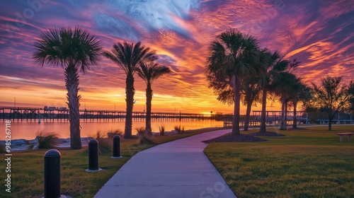 Colorful sunrise over Rotary Riverfront Park in Titusville, Florida. Palm trees stand tall along riverbank. Soft of dawn breaks through clouds, casting warm glow. Water reflects vibrant colors of sky. photo