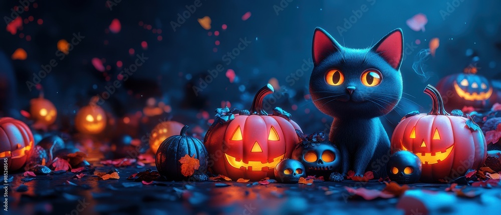 A charming black cat with glowing eyes sits surrounded by carved pumpkins and festive Halloween decorations A charming black cat with glowing eyes sits surrounded by carved pumpkins and festive Halloween decorations
