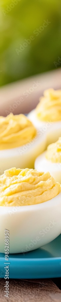 A platter of deviled eggs on an outdoor table ready for a party. A platter of deviled eggs on an outdoor table ready for a party.