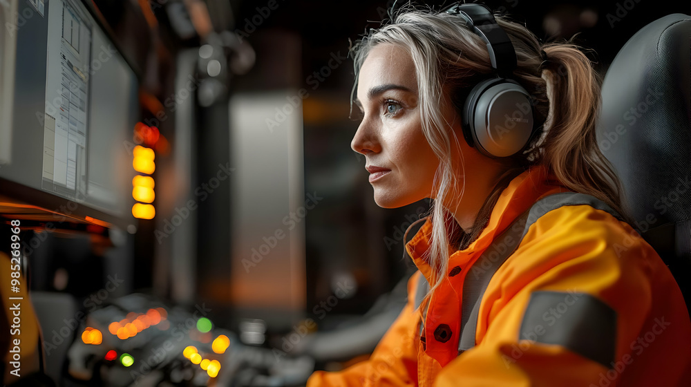 Woman in Orange Jacket Working on Computer - Realistic Image Woman in Orange Jacket Working on Computer - Realistic Image