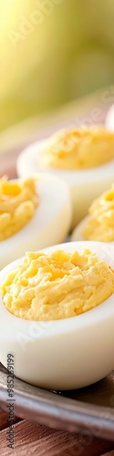 A platter of deviled eggs on an outdoor table ready for a party. 