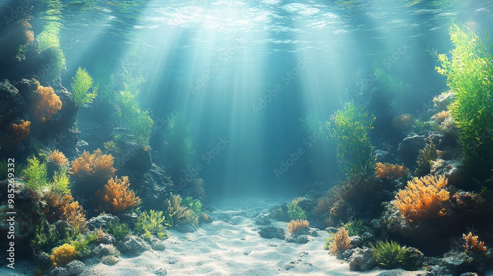 Fototapeta premium Underwater scene with vibrant corals and sunlight rays.