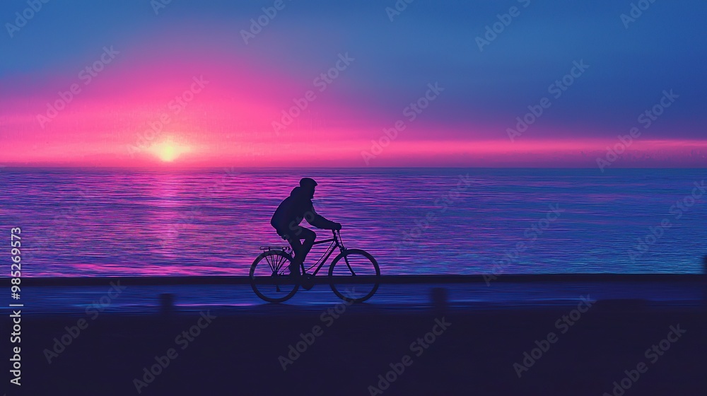 Fototapeta premium Silhouette of a cyclist riding along the coast at sunset.