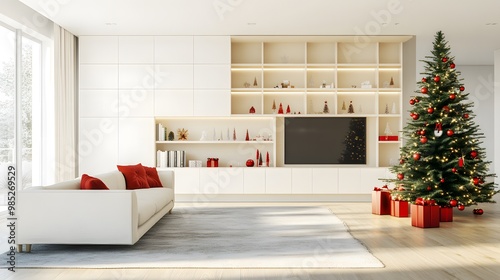 Modern Christmas living room with elegant decorations and a clean, spacious background. Perfect for marketing, advertising, and seasonal design projects with an emphasis on modern home decor