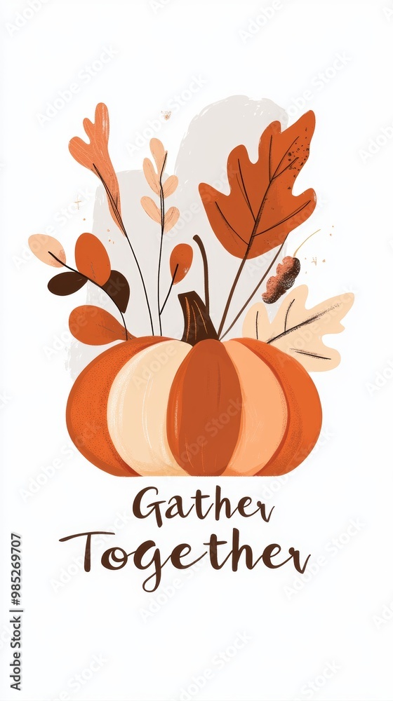 Naklejka premium A decorative autumn-themed illustration featuring a pumpkin and foliage.
