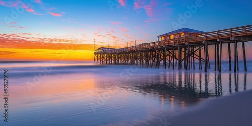Flagler Beach Fishing Pier at sunrise in Florida, USA. Ocean waves gently lap at the shore. Seagulls fly overhead, beachgoers relax on the sand. Palm trees sway in the breeze, a serene coastal scene.