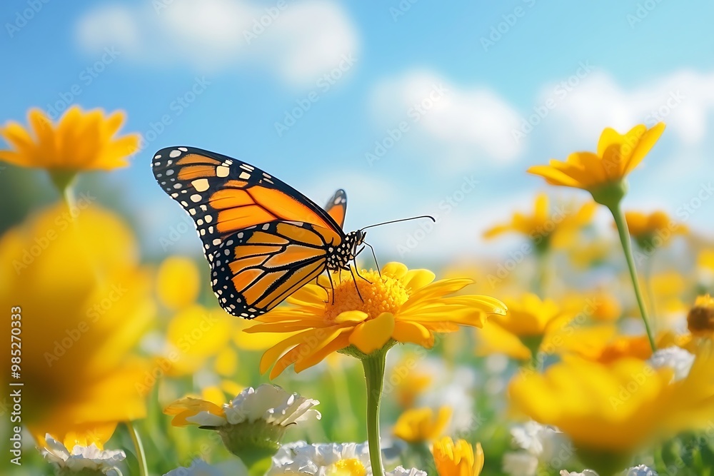 Monarch butterfly on a yellow flower in a field of flowers with a blue sky and white clouds.