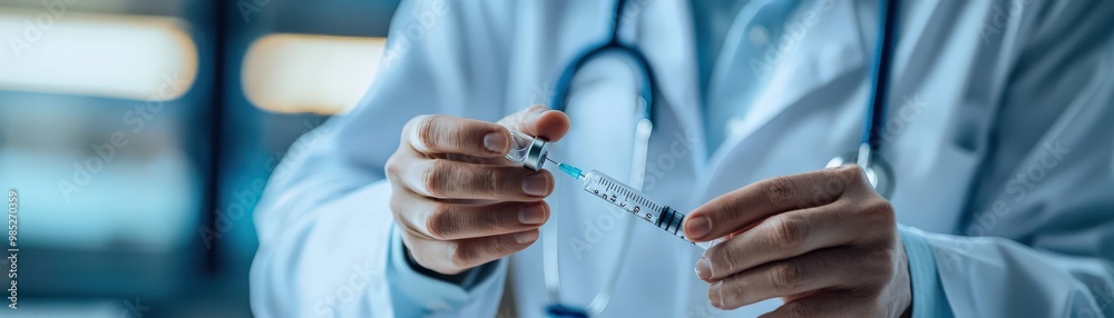 Doctor hands preparing a syringe for a vaccine injection, preventive health, immunization checkup Doctor hands preparing a syringe for a vaccine injection, preventive health, immunization checkup