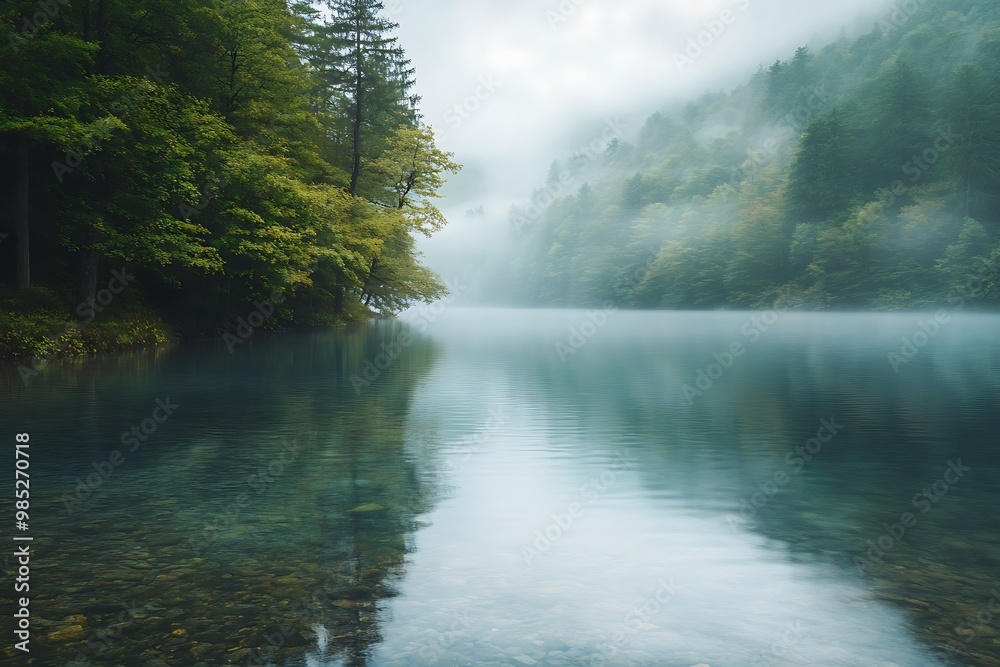Misty lake with green forest and mountain in background. Tranquil nature scene with reflection on water Misty lake with green forest and mountain in background. Tranquil nature scene with reflection on water