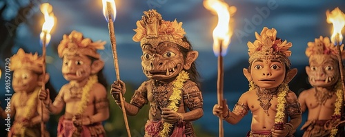 Balinese Nyepi Day of Silence Ceremony Balinese Nyepi Day of Silence ceremony featuring ominous ogohogoh monsters, nighttime torchlight adding a mystical feel photo