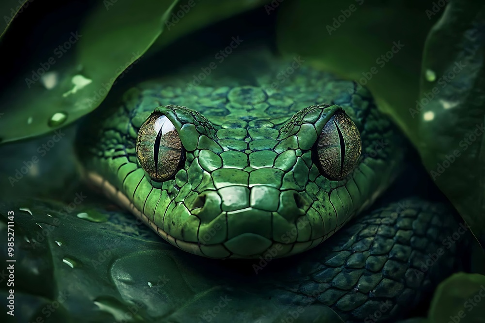 Green Snake with Striking Eyes Close Up in Leaves, Reptile, Wildlife Green Snake with Striking Eyes Close Up in Leaves, Reptile, Wildlife