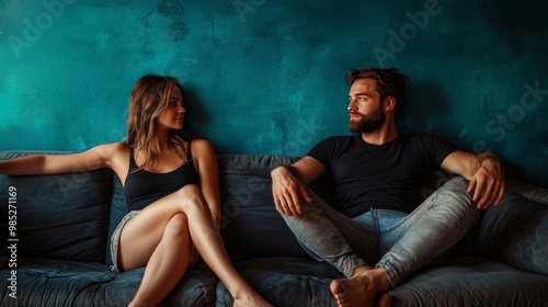 A couple sitting in silence on opposite sides of a couch, capturing the distance created by conflict in relationships