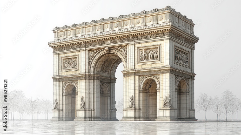 A grand archway monument in a serene, foggy setting. A grand archway monument in a serene, foggy setting.