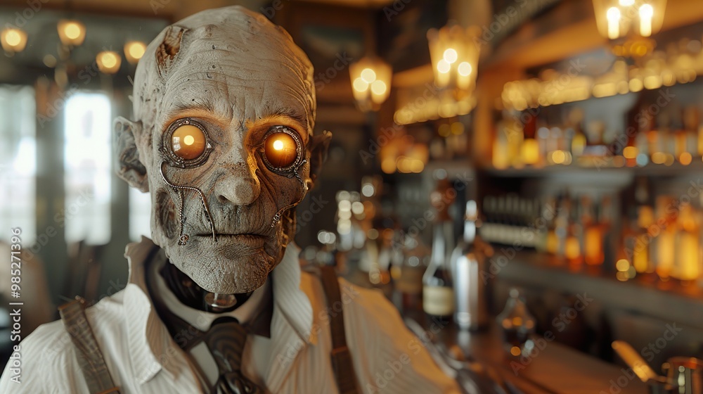 Steampunk Robot Bartender: A Futuristic Vision of a Vintage Bar Steampunk Robot Bartender: A Futuristic Vision of a Vintage Bar
