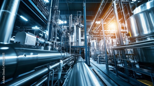 Industrial Interior with Stainless Steel Pipes and Tanks