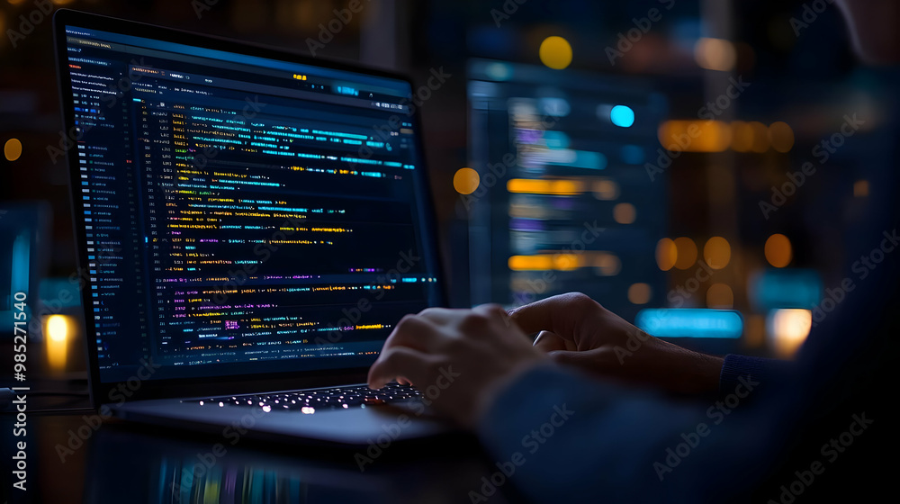 Laptop Coding in Dark Room Illustration Laptop Coding in Dark Room Illustration