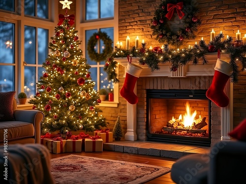 Cozy Christmas Living Room with Decorated Fireplace, Stockings, and Lit Christmas Tree