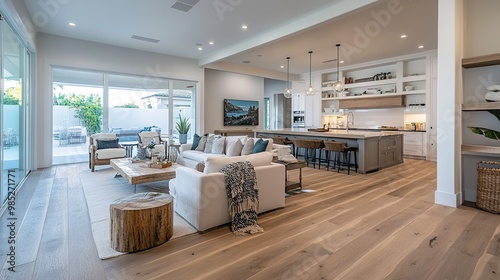 An open concept living room featuring luxury coastal interior design, highlighting stunning SPC flooring. 