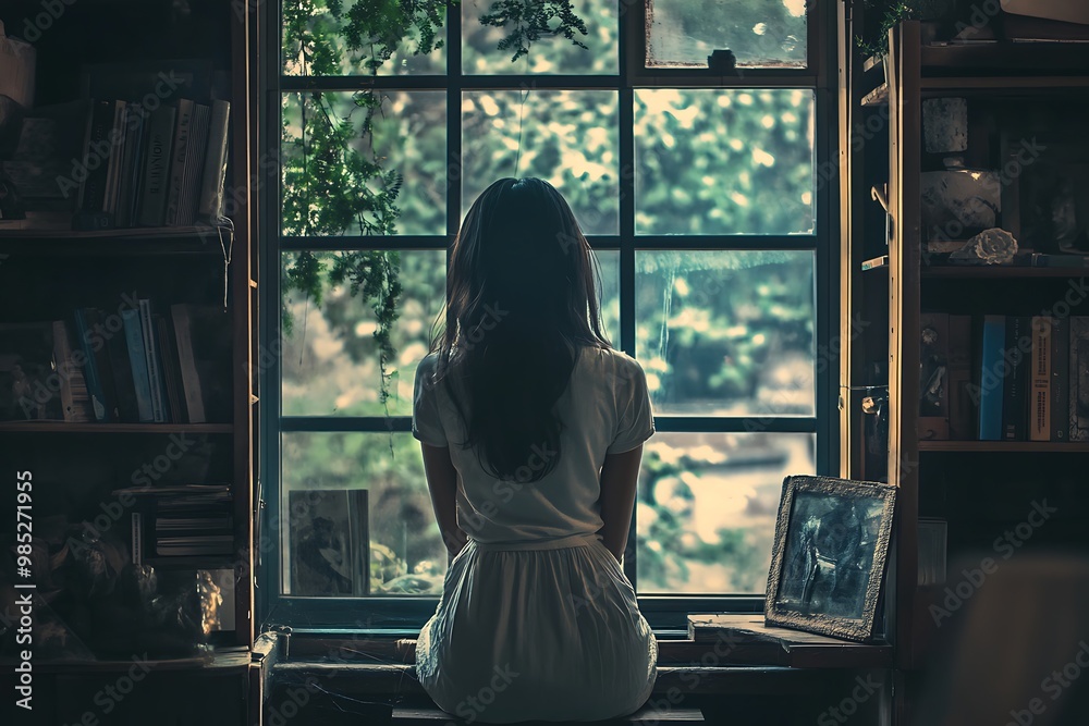 Woman sitting by window looking out, feeling lost in thought Woman sitting by window looking out, feeling lost in thought