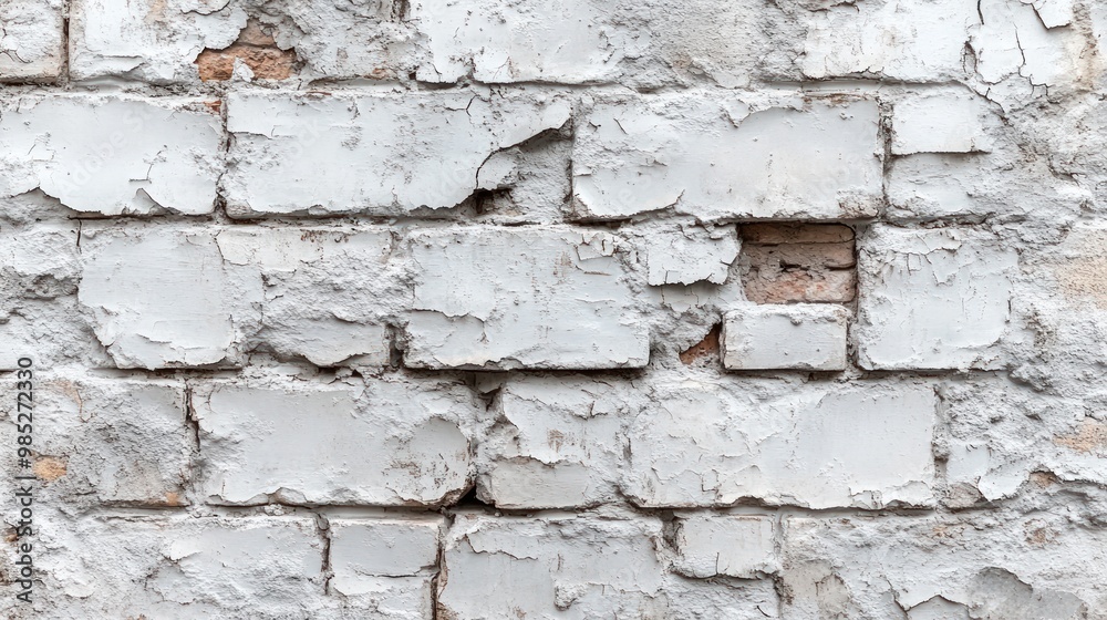 A weathered white brick wall with peeling paint and texture. A weathered white brick wall with peeling paint and texture.