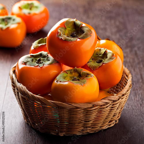 A basket of persimmons. The concept of harvesting fruit. photo