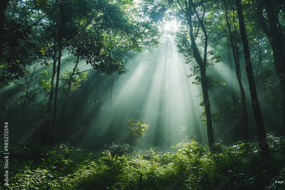 Sunbeams Shining Through Dense Forest Canopy Sunbeams Shining Through Dense Forest Canopy