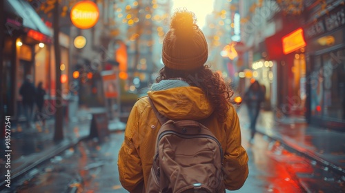 A highly realistic image of a person engaged in Citypop – Taking street fashion photos in a hipster neighborhood The scene is well-lit, with natural light highlighting the details. The background 