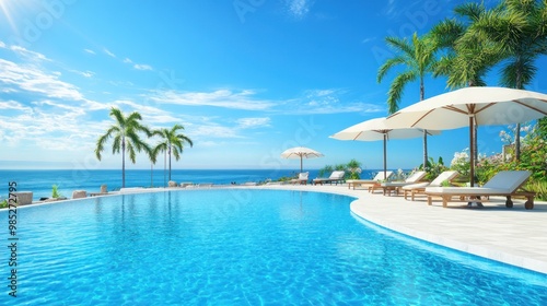 A serene poolside view overlooking the ocean with palm trees and umbrellas.