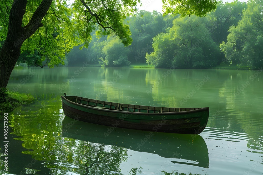 Obraz premium Person rowing on green lake, peaceful solitude.