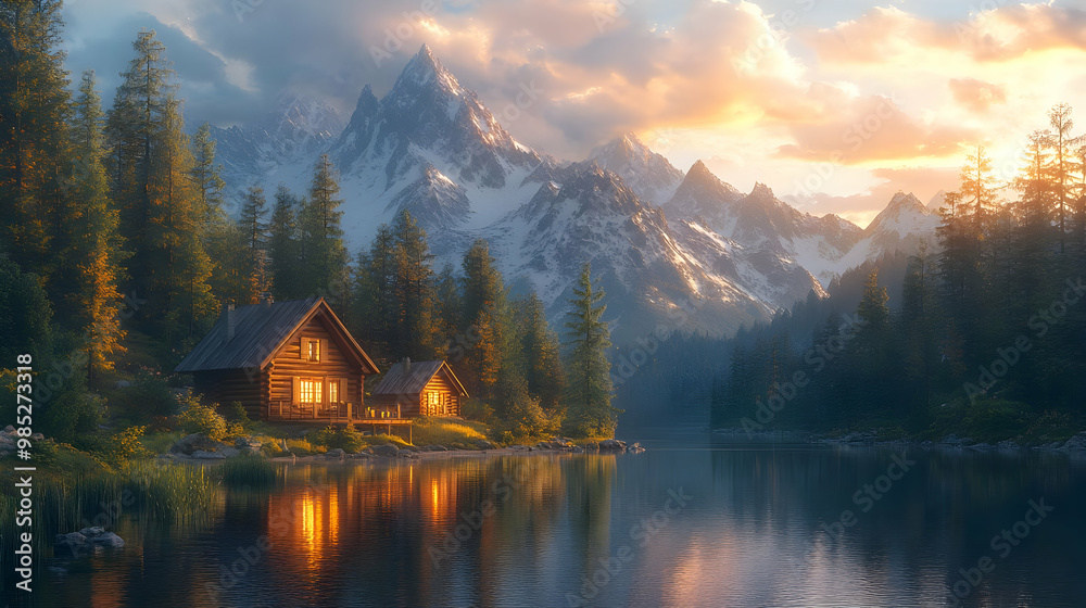 Fototapeta premium Mountain Lake Cabin Illustration