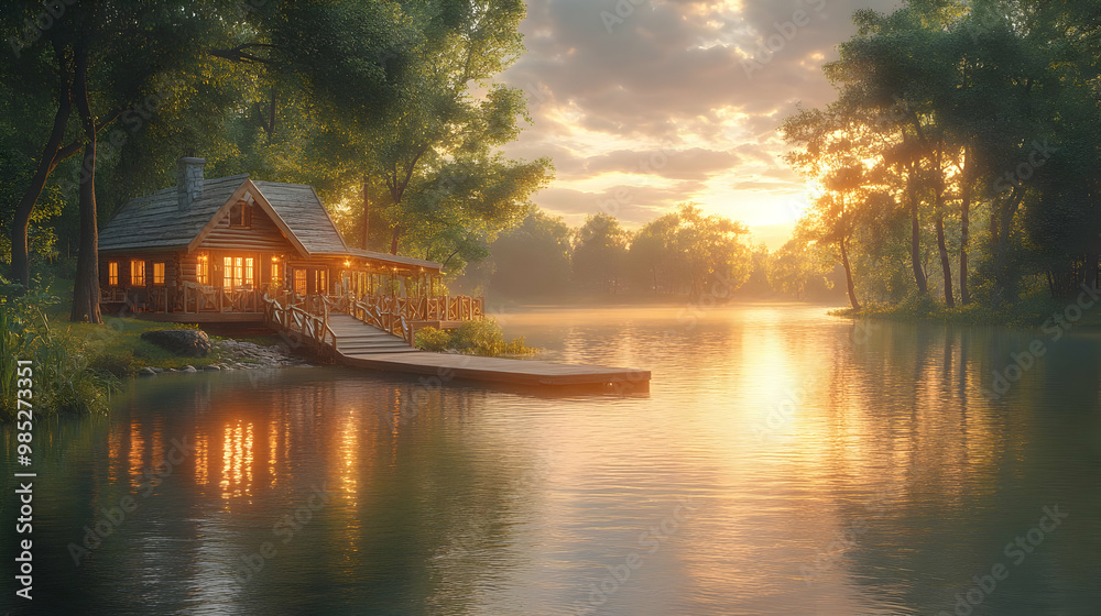 Fototapeta premium Cabin by the Lake with Golden Sunset - 3D Illustration