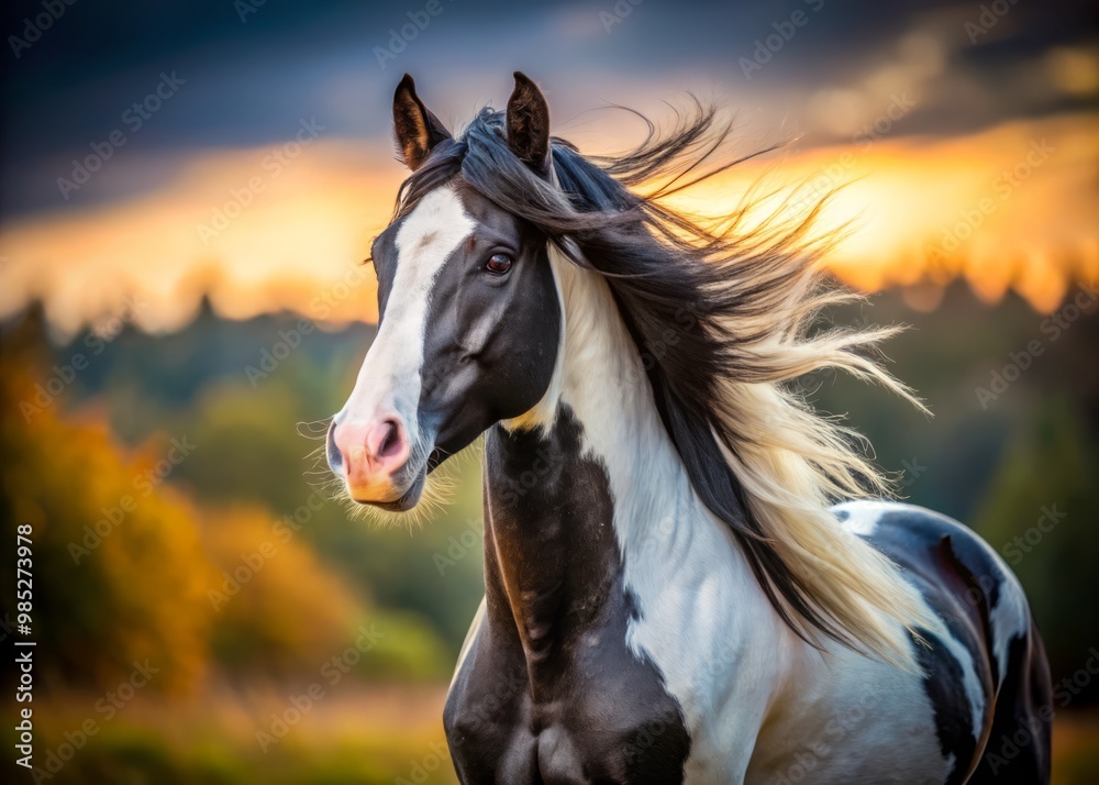 A magnificent black and white horse emerges with striking detail, set against a beautifully blurred background that A magnificent black and white horse emerges with striking detail, set against a beautifully blurred background that
