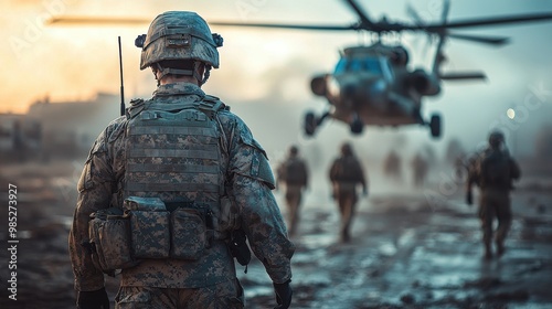 Soldier in tactical gear approaches helicopter as fellow troops advance during dawn operation in a military training exercise