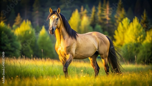 A majestic buckskin horse stands gracefully in a sunlit meadow, surrounded by lush, vibrant green grass, embodying