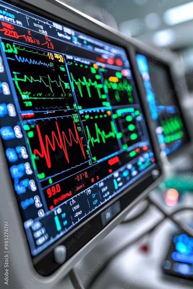 A detailed view of a heart monitor with vital signs fluctuating, showing the critical role of monitoring equipment in patient care A detailed view of a heart monitor with vital signs fluctuating, showing the critical role of monitoring equipment in patient care