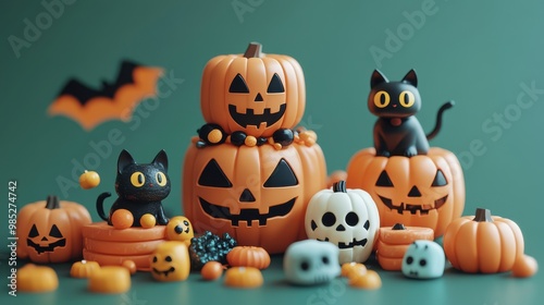 A festive Halloween of adorable black cats and jack-o'-lantern pumpkins and Halloween decorations