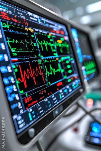 A detailed view of a heart monitor with vital signs fluctuating, showing the critical role of monitoring equipment in patient care