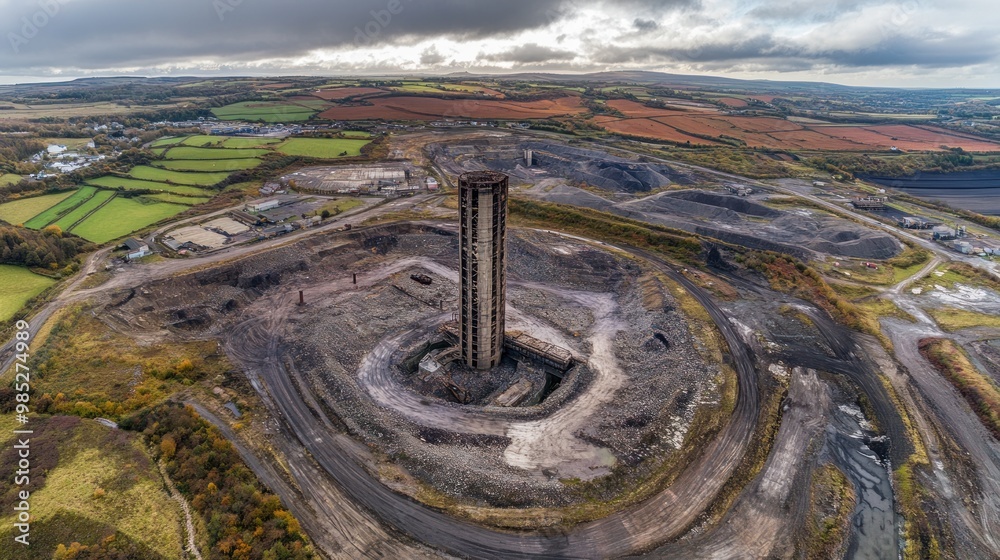 Aerial view of an abandoned industrial site with a tall structure amidst a rugged landscape. Aerial view of an abandoned industrial site with a tall structure amidst a rugged landscape.
