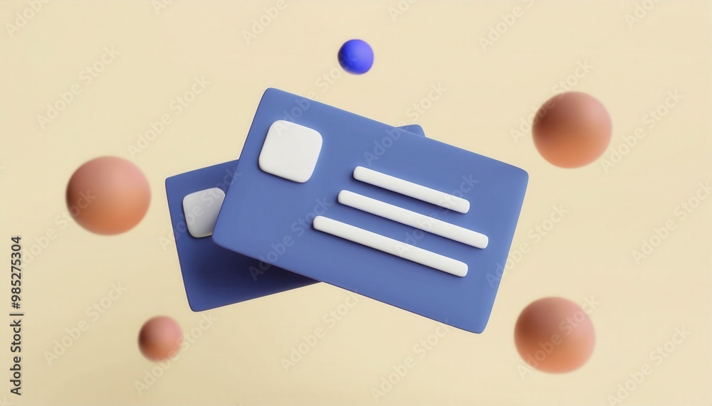 Modern minimal flat design composition of credit card and various banking financial icon objects with geometric shapes such as spheres cubes and rectangles in blue brown Modern minimal flat design composition of credit card and various banking financial icon objects with geometric shapes such as spheres cubes and rectangles in blue brown