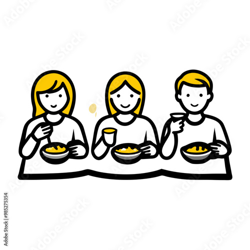 Illustration of three friends enjoying a meal together, cheerful and casual dining style, copy space