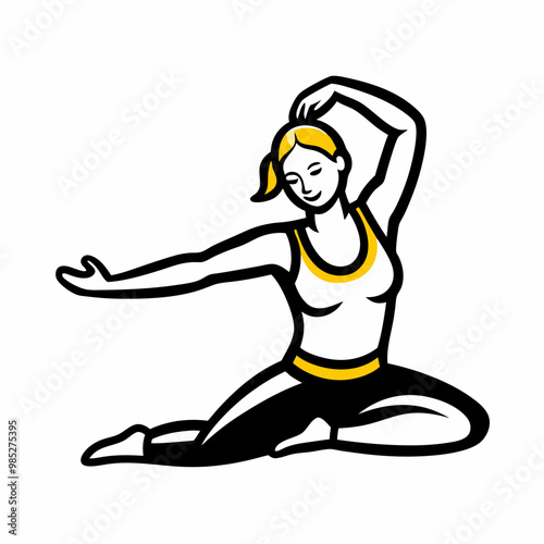 Illustration of a woman practicing yoga in a flexible pose, calm and serene style, copy space