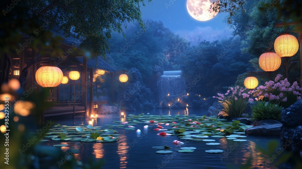 Obraz premium Moonlit Waterfall and Koi Pond in a Serene Garden