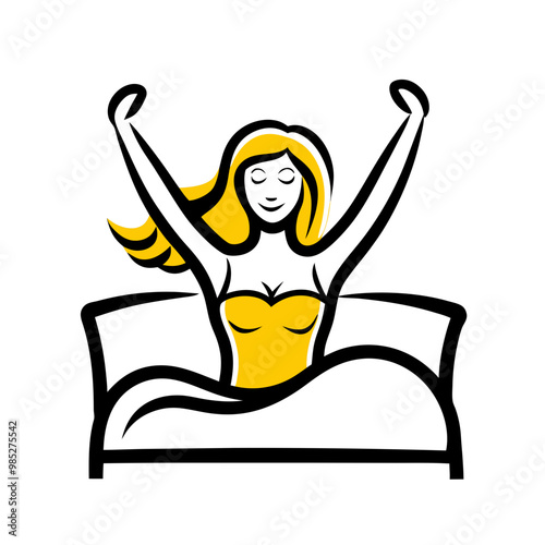 Illustration of a cheerful woman stretching in bed, refreshed and energetic style, copy space
